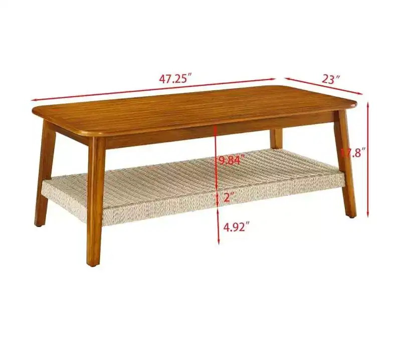 CuisinSmart Rattan Coffee Table with Storage, Mid-Century Coffee Table with Woven Shelf, Farmhouse Wood Low Rectangle Tea Table