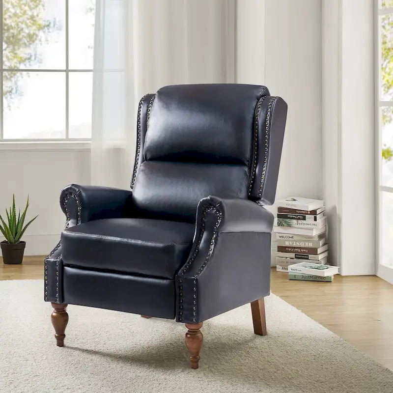 Traditional Vegan Leather Manual Push-Back Recliner, Padded Armrests, Solid Wood Legs, Living Room