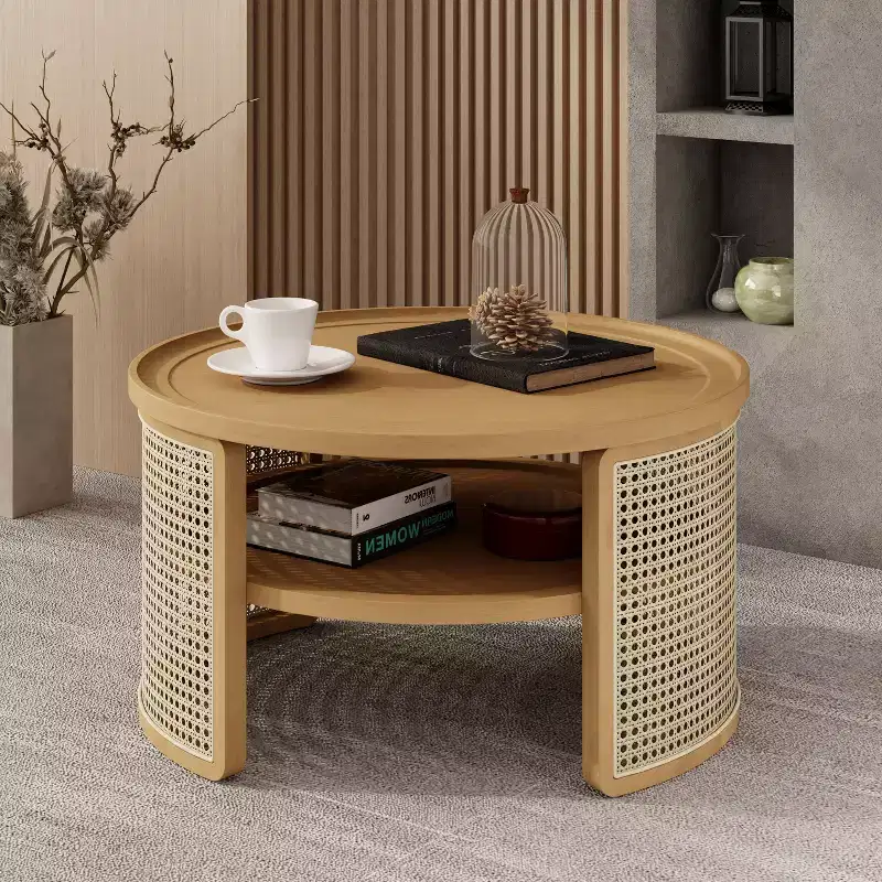 31.3''W 2-Tiered Round Rubber Wood Coffee Table with Storage Rattan Base 4B - ModernLuxe