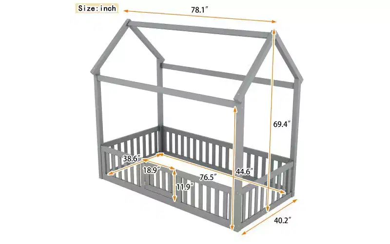 Pine Kids House-Frame Floor Bed Twin 72.4''H x 40.2''W x 78.1''D