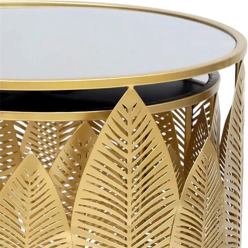 Gold Round Metal Nesting Side Table, Single, Leaf Accent