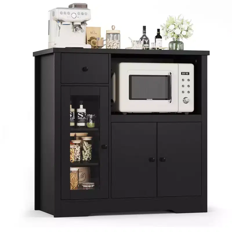 White & Walnut Kitchen Microwave Cabinet - 3-Door Pantry Storage Buffet with Adjustable Shelves for Dining Room, Living Room & Hallway