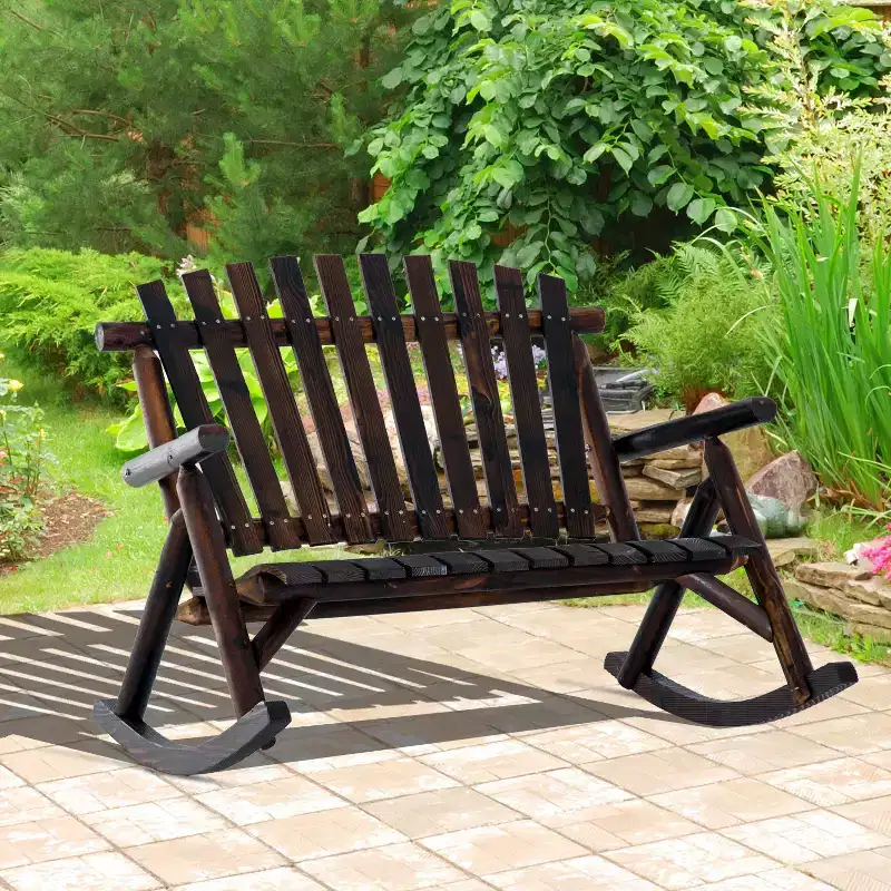 2 Person Wooden Adirondack Rocking Chair Indoor Outdoor Porch Rocker with Slatted High Back for Backyard Garden Patio