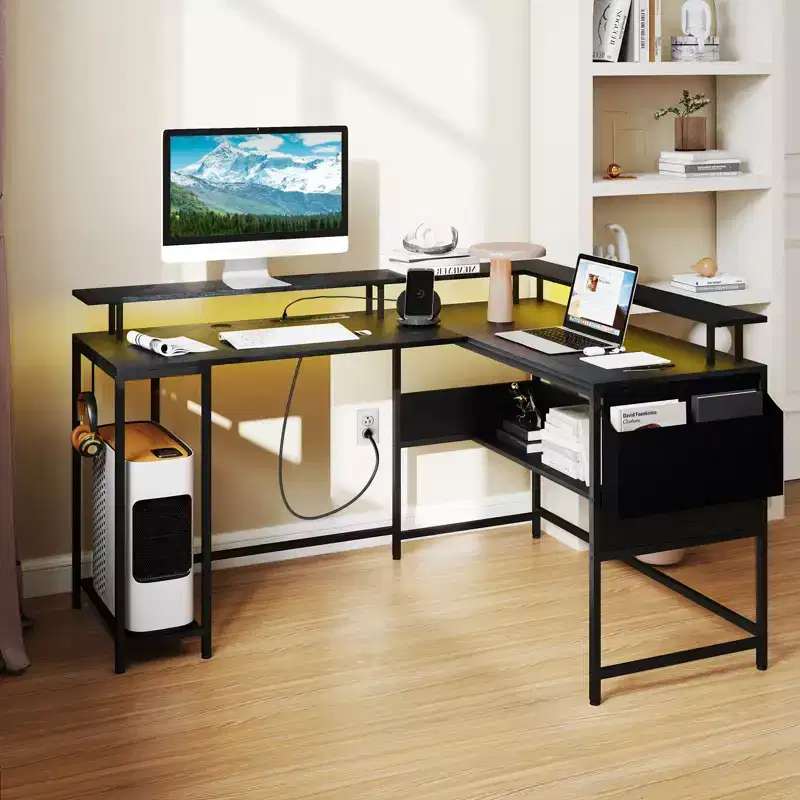 Costway L-Shaped Gaming Desk w/ LED Lights & Power Outlets Monitor Stand Fabric Bag