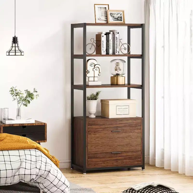 4-Tier Bookshelf with 2 Drawers – Metal Frame, Particle Board, 60