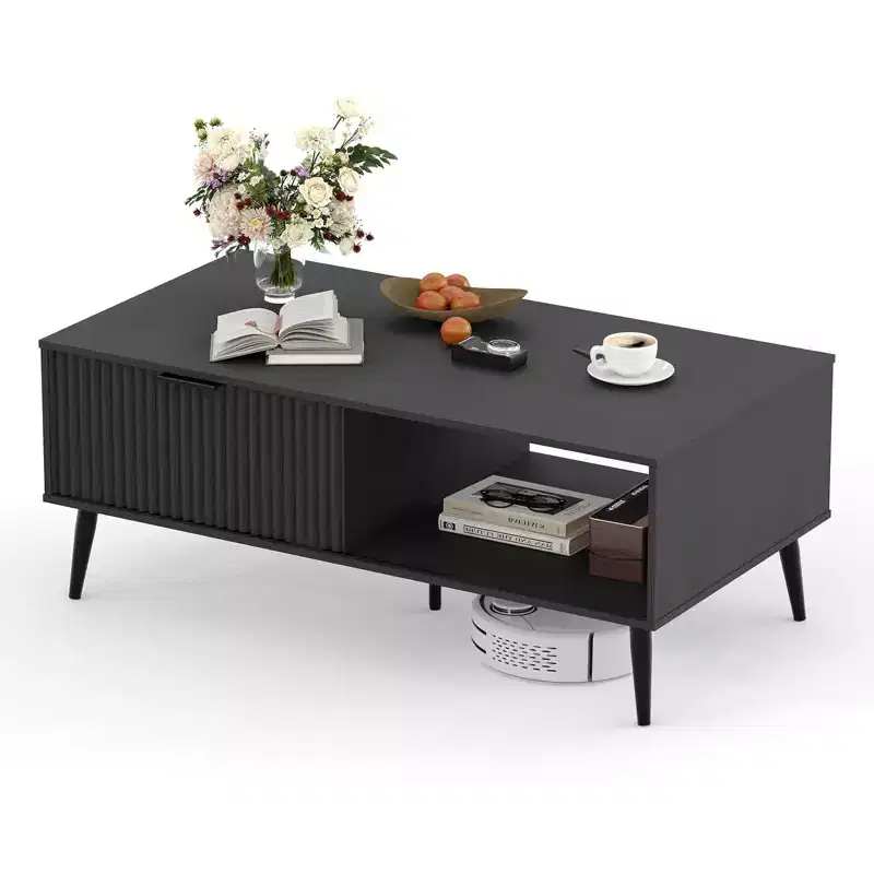 Farmhouse Center TableFluted Sliding Door & Wooden Tabletop, for Home Apartment Office