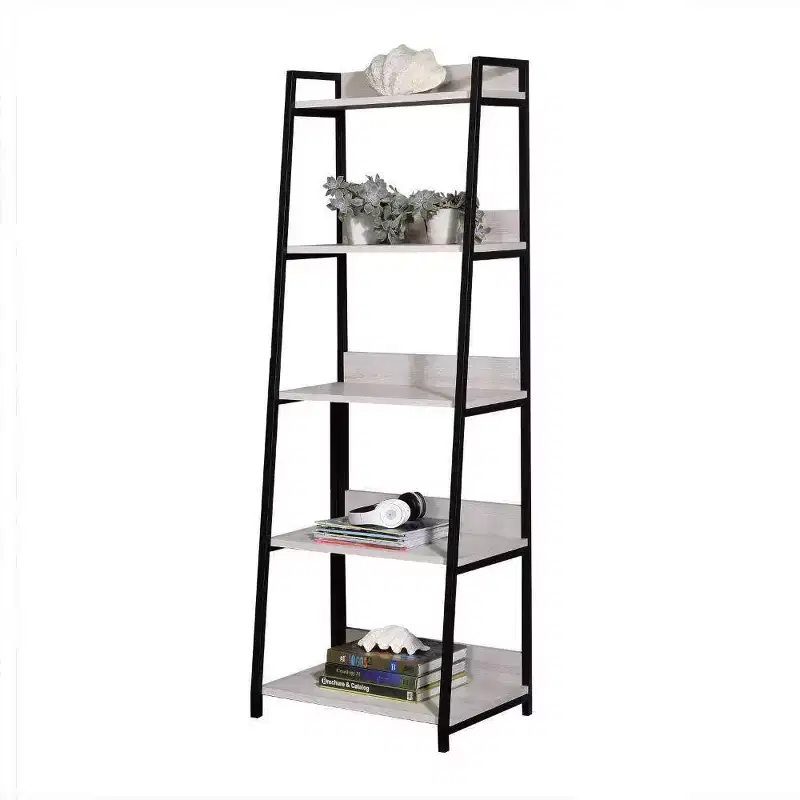 Acme Furniture 67" Wendral Bookshelf with 5 Open Compartment Natural/Black: Metal Frame, Ladder Style, Storage Display
