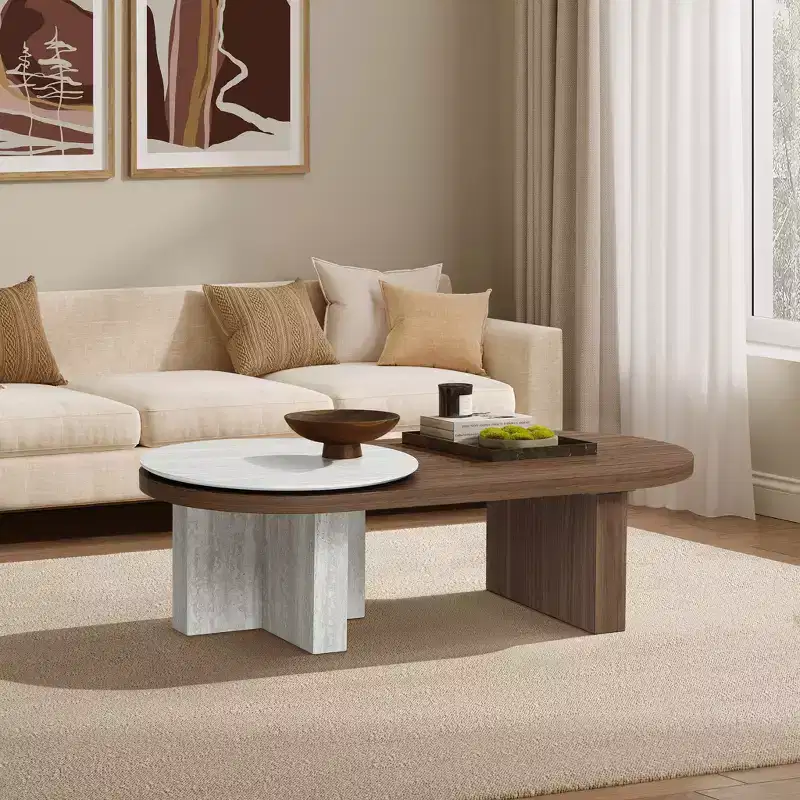 Travertine-Style and Walnut Finish MDF Oval Coffee Table, Brown