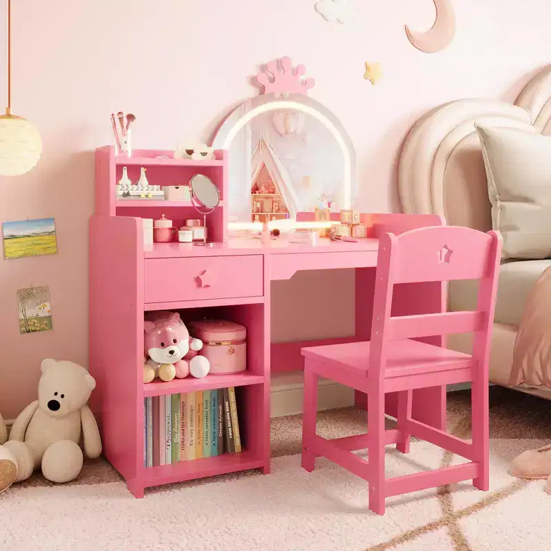 Kids Vanity with Crown Mirror 2-in-1 Vanity Table & Chair Set with Storage Cabinet, Bookshelf & Drawer for Little Girls