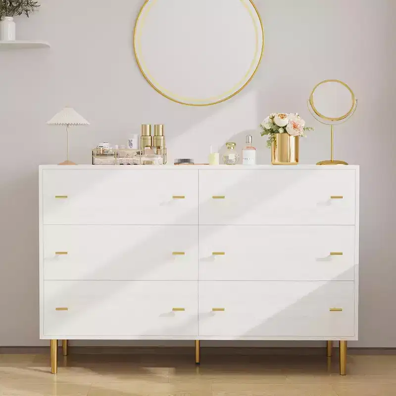 6 Drawers Dresser, Wood Rustic Chest of Drawers with Bar Handles, Vintage Design, Storage Dressers Organizer for Bedroom, Living Room, Hallway, White