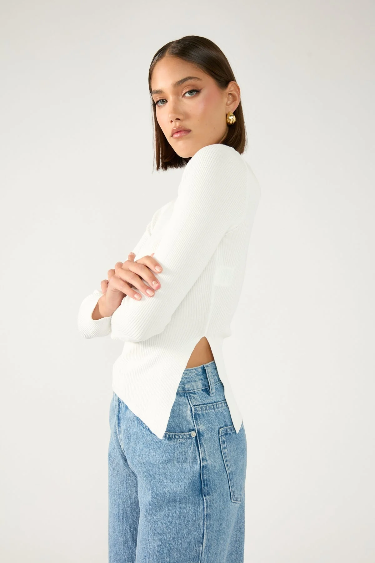 Long Sleeve Asym Rib Knit Top White