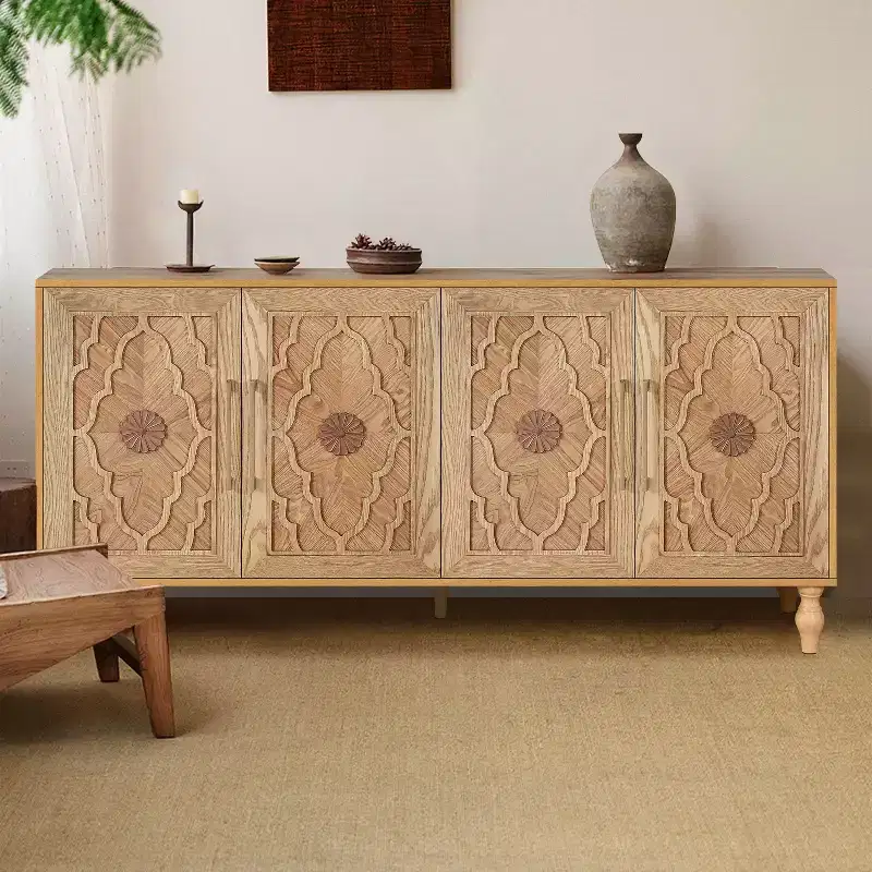 Storage Cabinet with Carved Flower Door, Entryway Cabinet with Metal Handle Sideboard for Living Room