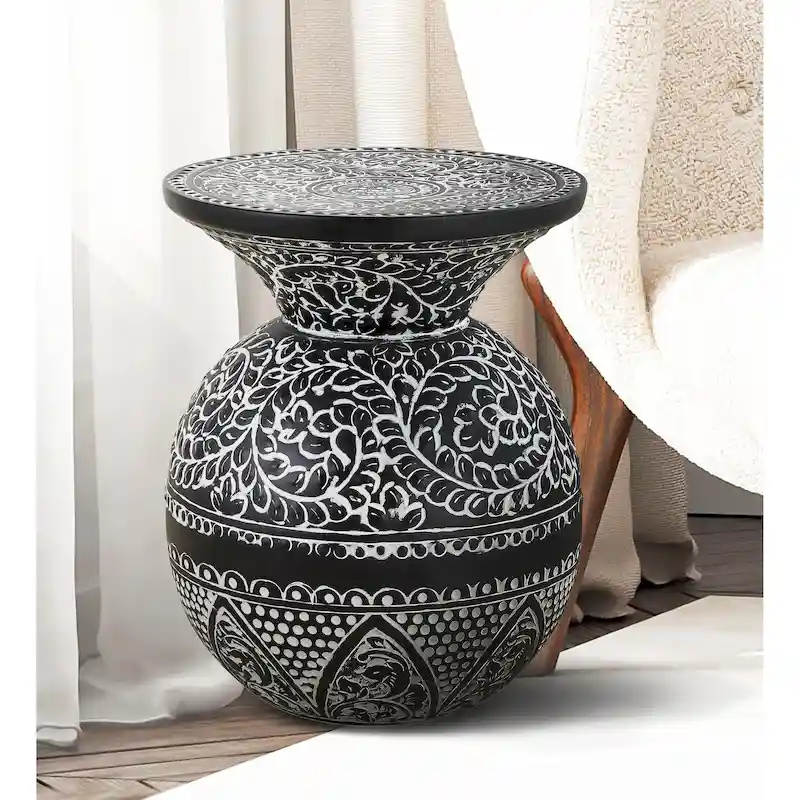 Black and White Side Table with Bohemian Pattern