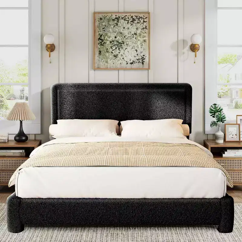Dyonery Boucle Bed Frame,Upholstered Teddy Fabric Bed Frame with Headboard, Soft Rounded Corners, Adjustable Headboard, Easy Assembly