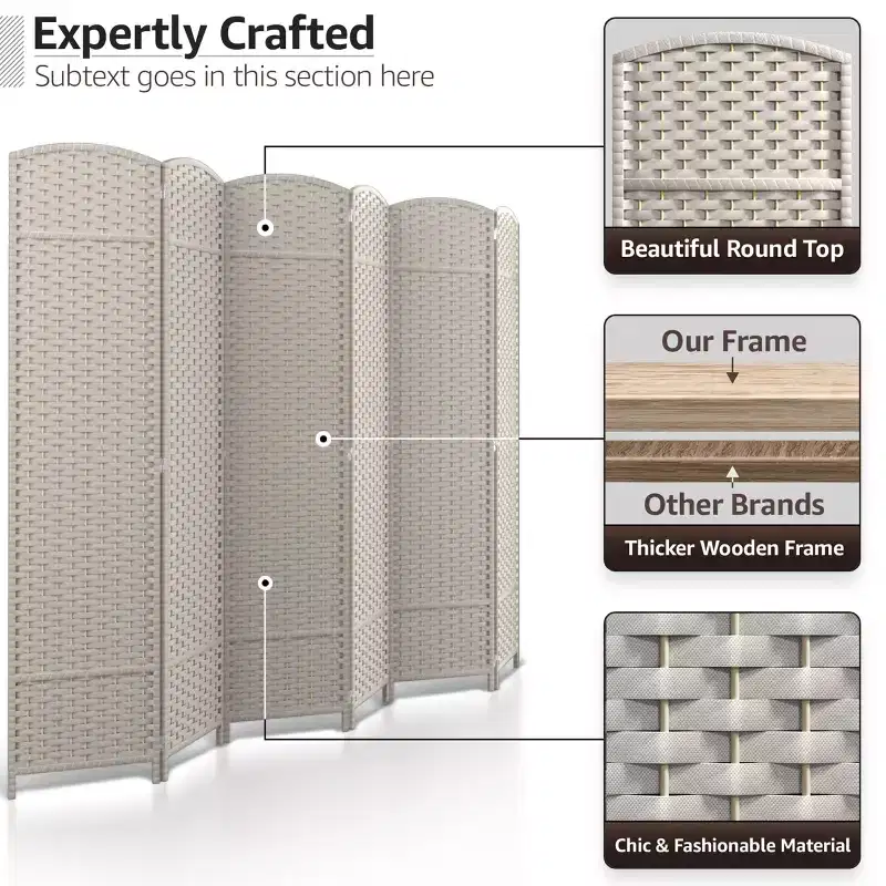 Extra Wide Double Hinged 6-Panel Folding Room Divider with Mesh Hand-Woven Design