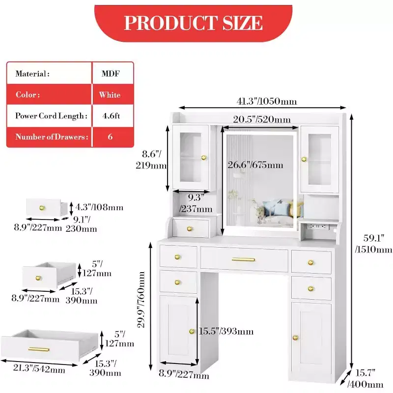 Vanity Desk with LED Mirror and Lights, Makeup Dressing Table with 2 RGB Cabinets, Outlets & 6 Drawers for Bedroom Living Room, White