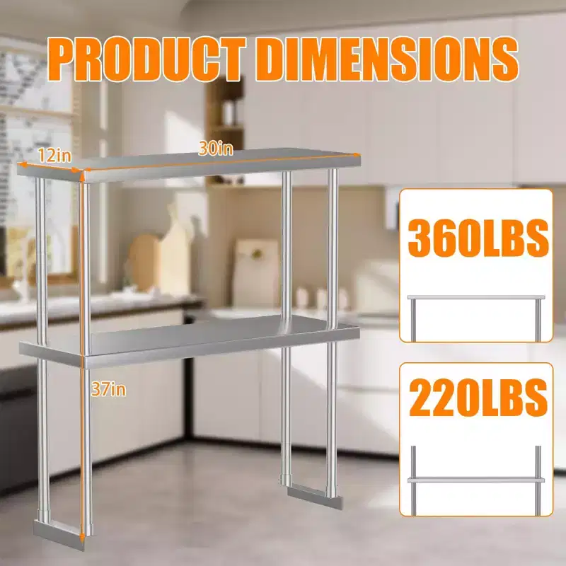 Stainless Steel Double-Layer Adjustable Workbench Shelf 37''H