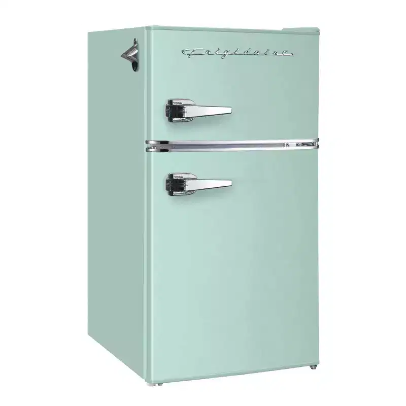 Frigidaire 3.2 cu ft 2 Door Retro Fridge with Side Bottle Opener Mint: Small Refrigerator, Manual Defrost, Top Door Freezer