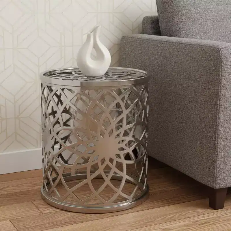 HomeRoots 26 Silver Aluminum Open Lattice Round Top End Table