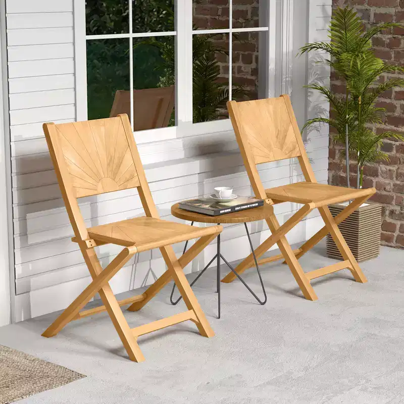 Costway 4 PCS Folding Patio Chairs w/ Inclined Backrest Teak Wood Outdoor Dining Chairs