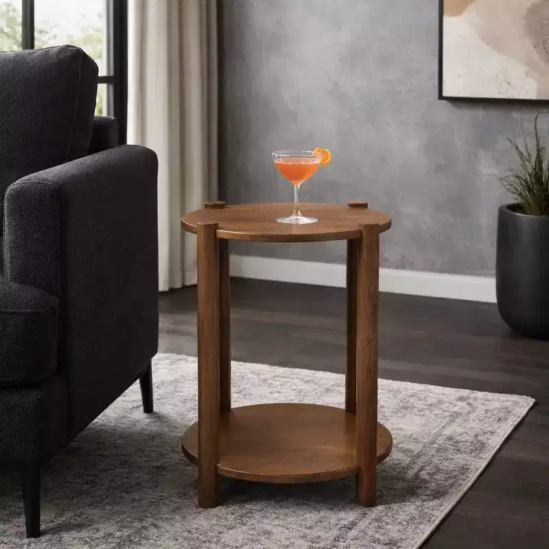 Elegant Round End and Side Table for Small Spaces - Mango Wood Base with Lower Shelf for Bedroom and Living Room Decor - 22, Tan & Brown