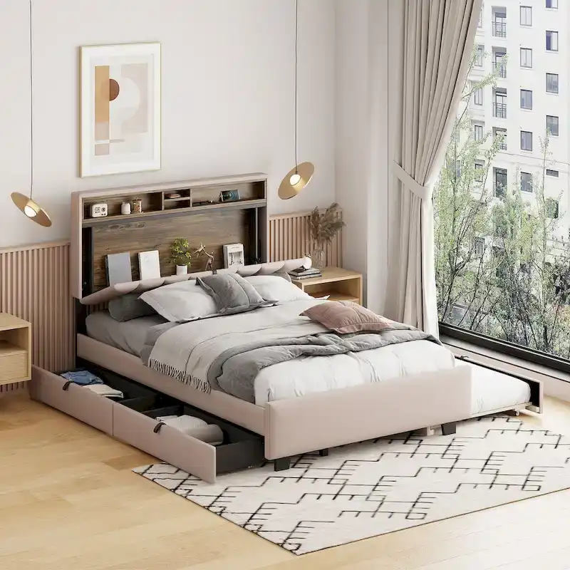 Full size Upholstered Platform Bed with Storage Headboard, Trundle & 2 drawers USB Ports, Linen, Beige