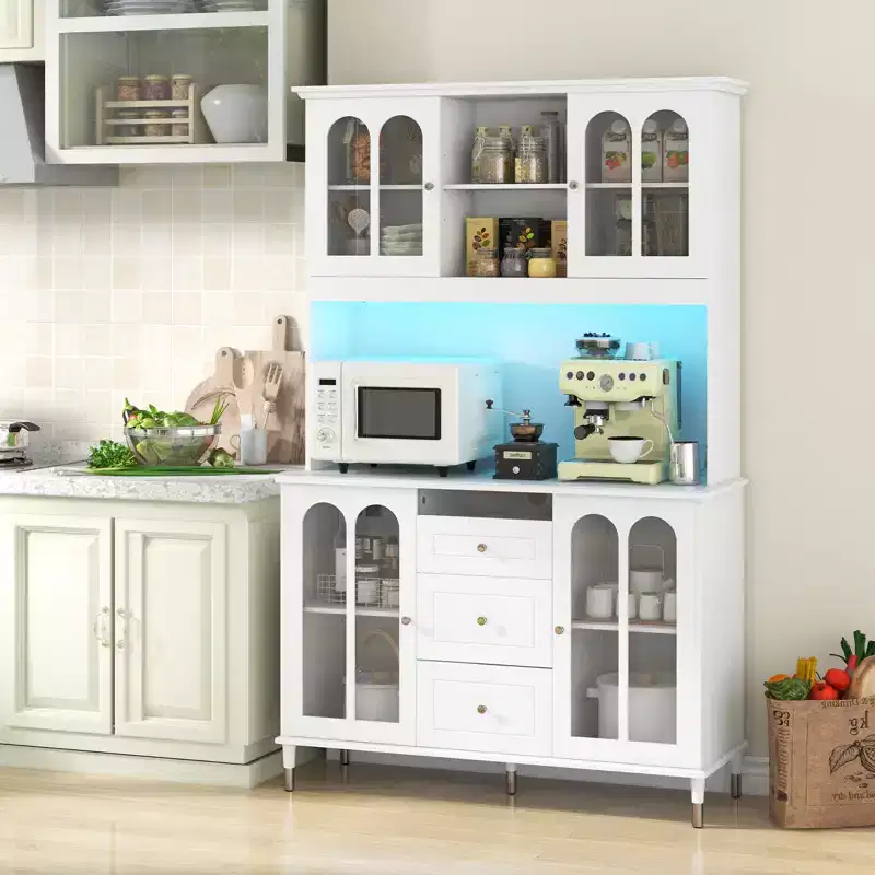 73 Kitchen Pantry Cabinet Kitchen Storage Hutch with LED lights USB Ports Type-C Port AC Outlets Kitchen Utility Cabinet with 3 Drawers