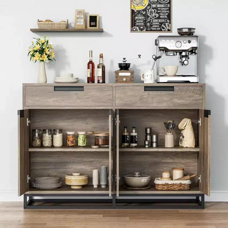 55 Inch Buffet Kitchen Cabinet, Large, Modern sideboard with 2 drawers and 4 Doors, Bar Buffet Table for Kitchen and Dining Room