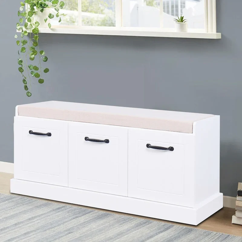 Minimalist Wooden Storage Bench with Seat Cushion, White