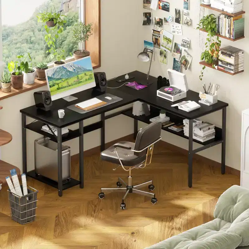 Besiost 47'' L Shaped Desk with Storage, Power Outlet, USB Ports, Reversible Computer Desk