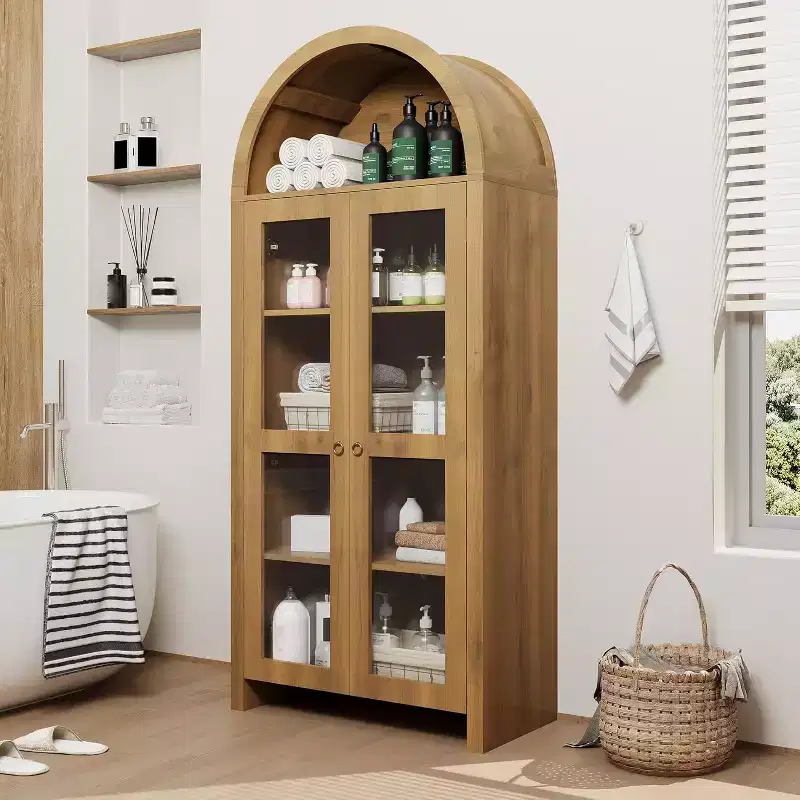 COZONY 70 Tall Arched Display Cabinet with Clear Acrylic Doors, 5 Adjustable Shelves, Wood Storage Pantry Hutch for Kitchen, Dining Room, Oak