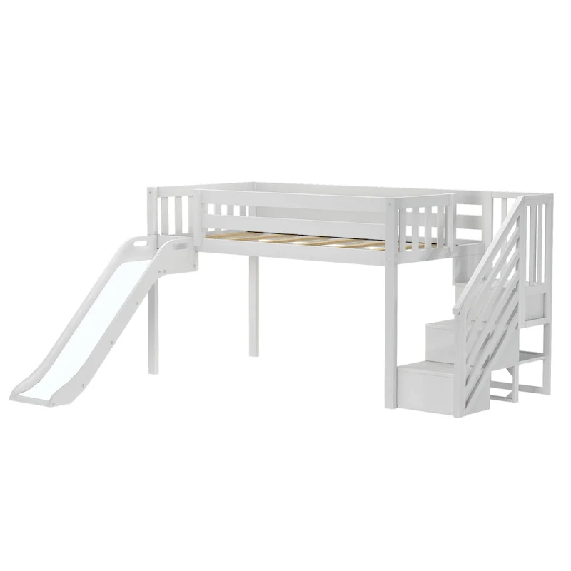 Classic Twin Low Loft with Stairs, Easy Slide and Curtain