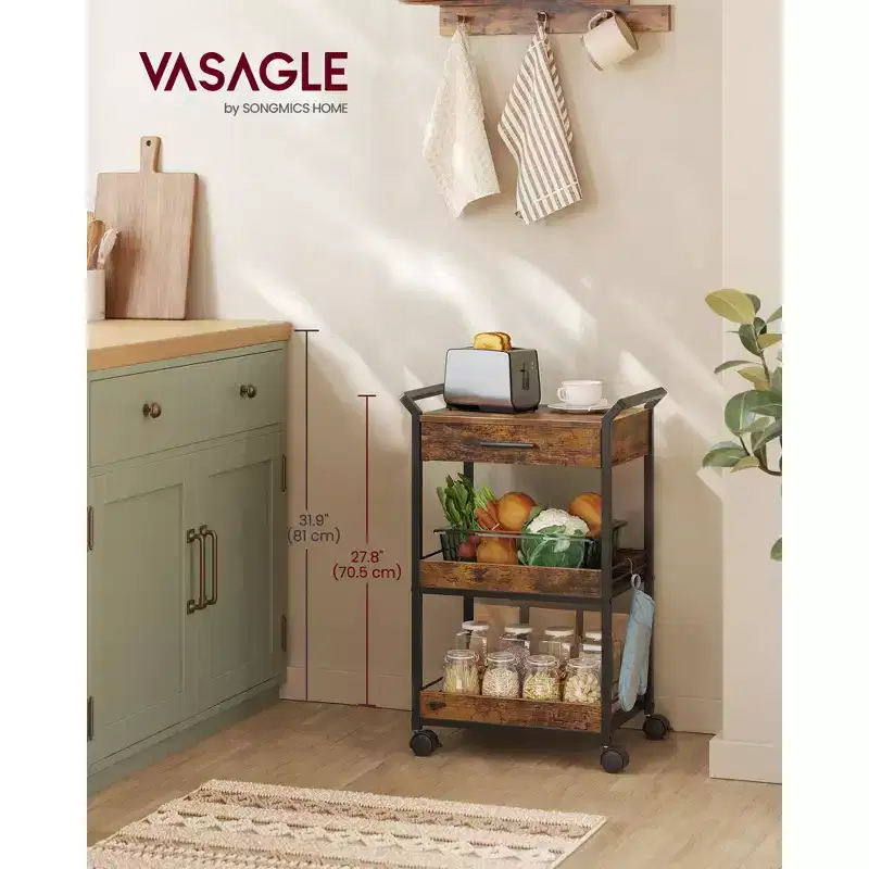 VASAGLE Storage Cart, 3-Tier Rolling Utility Cart with Table Top, Handles, 4 Lockable Casters, Top Drawer, Mesh Shelves, Rustic Brown and Ink Black