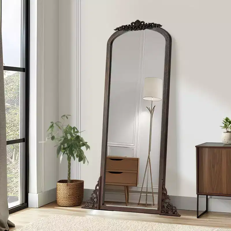 Dovelina Vintage Wood Frame Arch Carved Decorative Wall Mirror Large Full Length Mirror