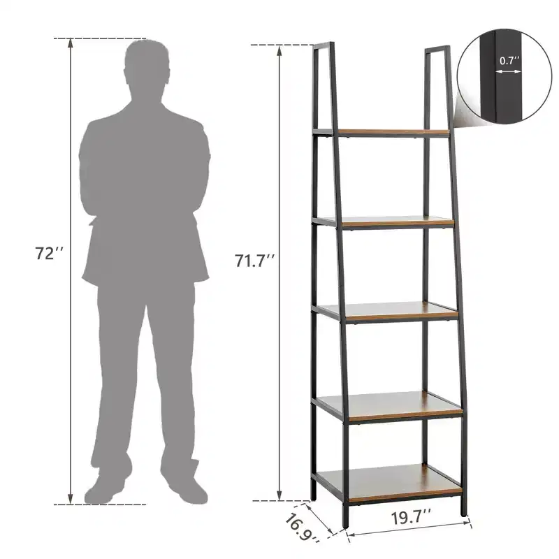 Freestanding Industrial 5 Tier Open Shelf Ladder Bookcase, Gray & Brown