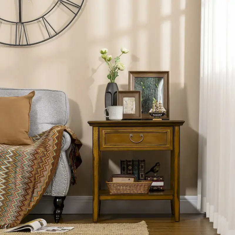 Side Table With Storage, Vintage End Table With Drawer And Open Shelf