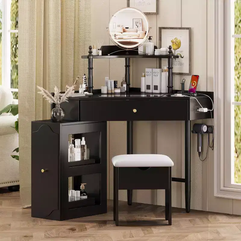 Vintage Vanity Table with Charging Plug & USB Port, Storage Dressing Desk with Cushioned Stool, Wooden Makeup Table for Small Bedrooms