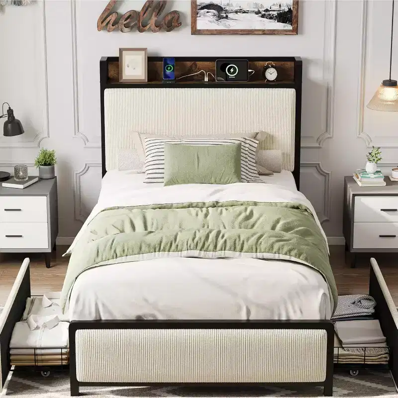 Twin Size Bed Frame with Storage Drawers & Charging Station - Rustic Velvet Upholstered Platform Bed, No Box Spring Needed