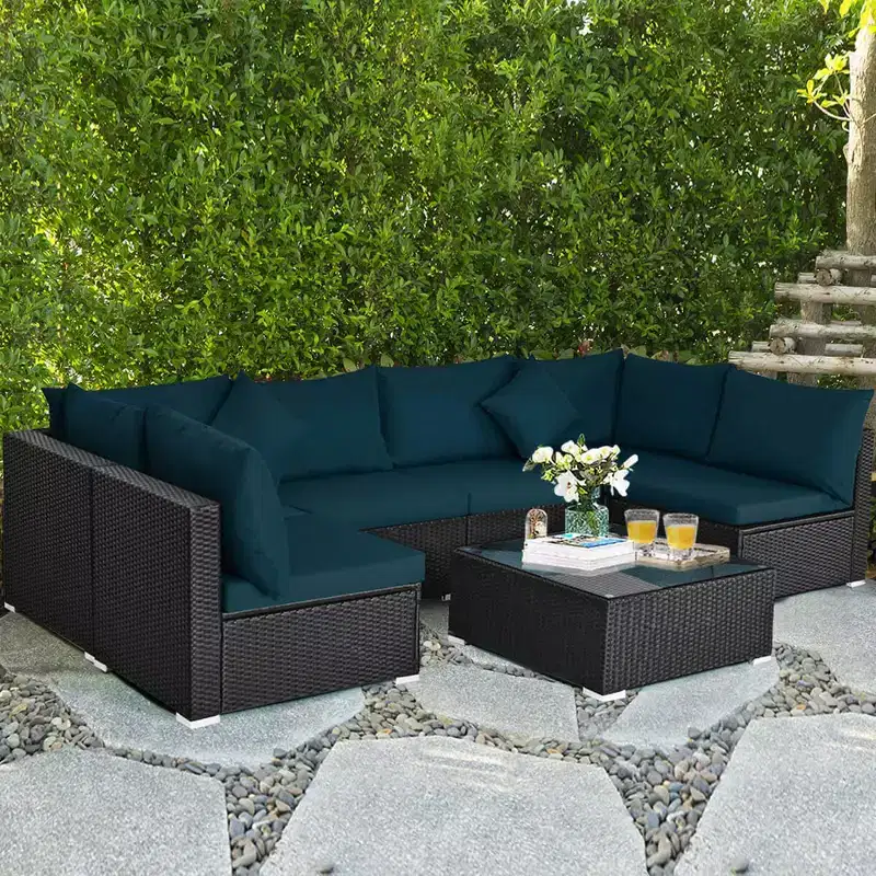 Costway 7PCS Patio Rattan Sofa Set Sectional Conversation Furniture Set Garden Beige/Navy/Gray