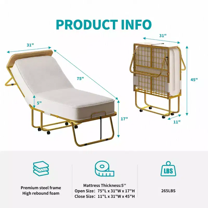 Mjkone Folding Bed With Mattress For Adults,Memory Foam Mattress, Portable Foldable Bed With Dustproof Bag & Baffle,fold Up Guest Bed