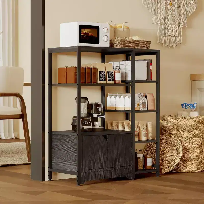 GustoWave Bakers Rack with Storage Cabinets,Industrial 5-Tier Coffee Bar Cabinet Shelves,Farmhouse Freestanding Kitchen Microwave Stand