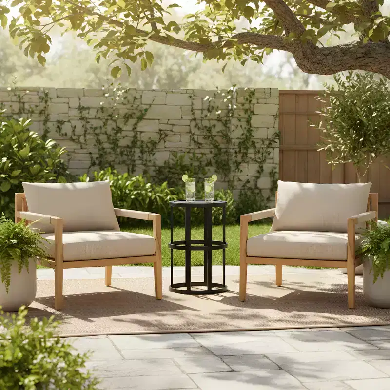 Christopher Knight Home Justina 3 Piece Outdoor Acacia Wood Rope Chair with Ceramic Tile End Table