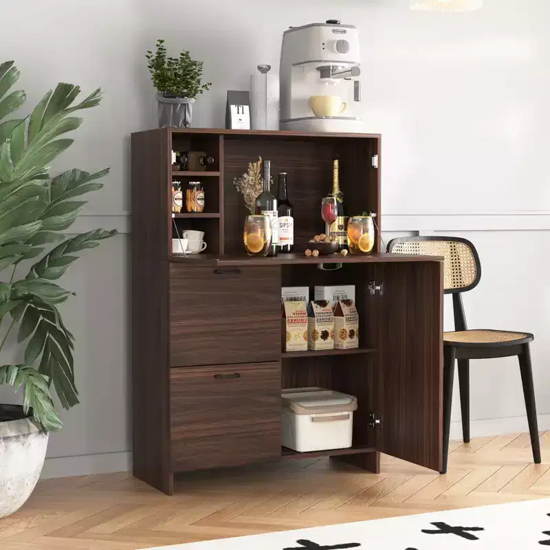 JVNOXK 31-inch desk cabinet with storage drawers and shelves, featuring a foldable tabletopperfect for dorm rooms and compact spaces. Walnut