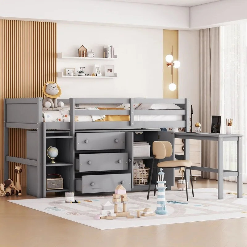 Low Loft Bed With Pull-Out Desk,Drawers,Cabinet and Shelves,Twin Size