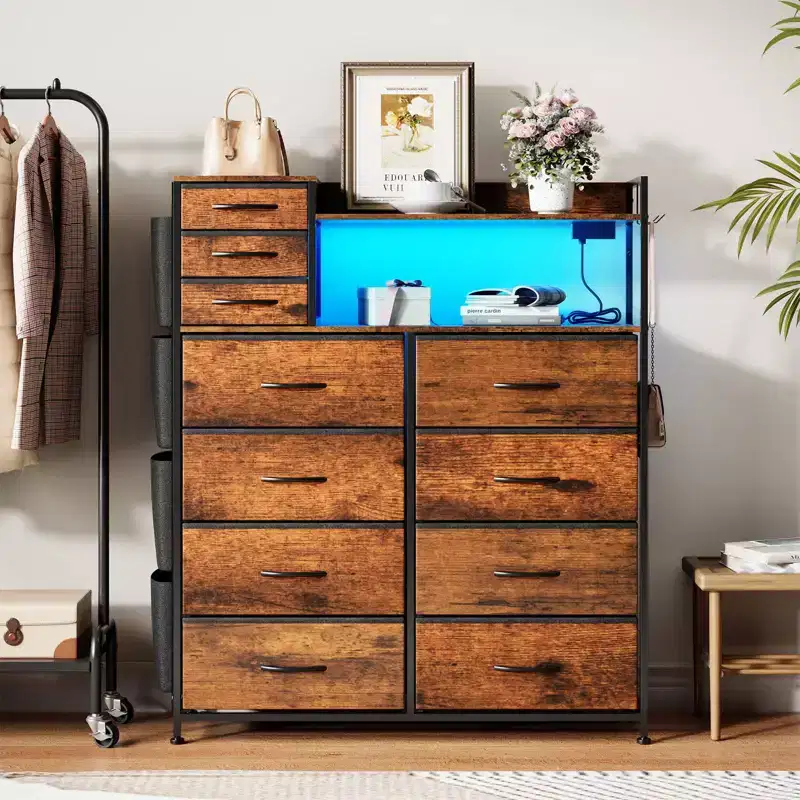 Fabric 11-Drawer Dresser with Charging Station & LED Lights