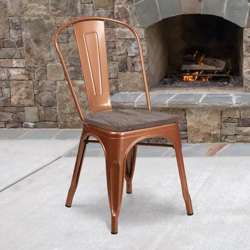 Colorful Metal Dining Stack Chair with Wood Seat