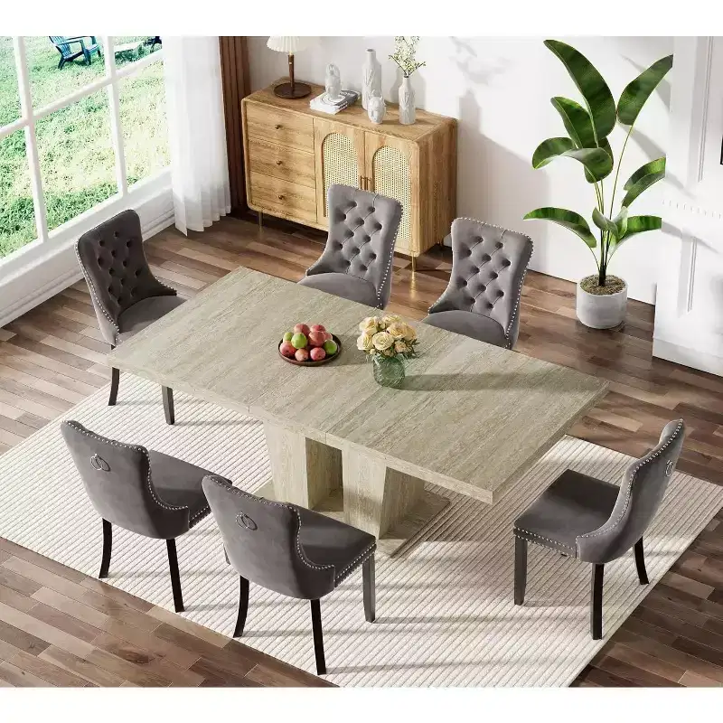 MooxvMoo 63-79 Rectangular Extendable Dining Table, Travertine-Inspired Veined Pattern, Modern Minimalist Design for Kitchen and Living Room, White
