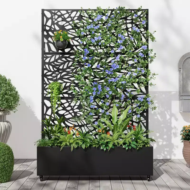MAYEERTY Planter Box with Trellis Iron Black Net 01 Flower Shape Helen Street 01 Combined Style 72x47x16in 3-Piece Set