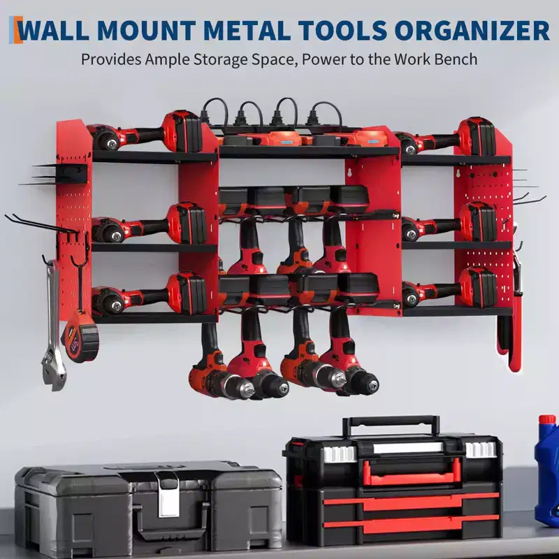 Power Tool Organizer Wall Mount, Heavy Duty 4-Layer Garage Rack, 8 no cord Drill Storage Shelf with Hooks, Drill Bit Shelf Battery Storage Holder
