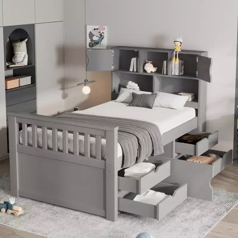 Twin Size Captain Platform Bed Frame with Storage Bookcases, Shelves, Cabinet and 4 Drawers-ModernLuxe